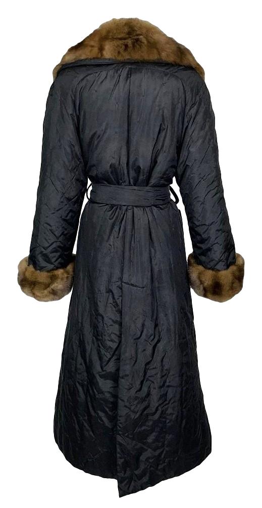 F/W 2000 Gianfranco Ferre Black Silk Quilted Long Puffer Coat w Sable Fur Trim