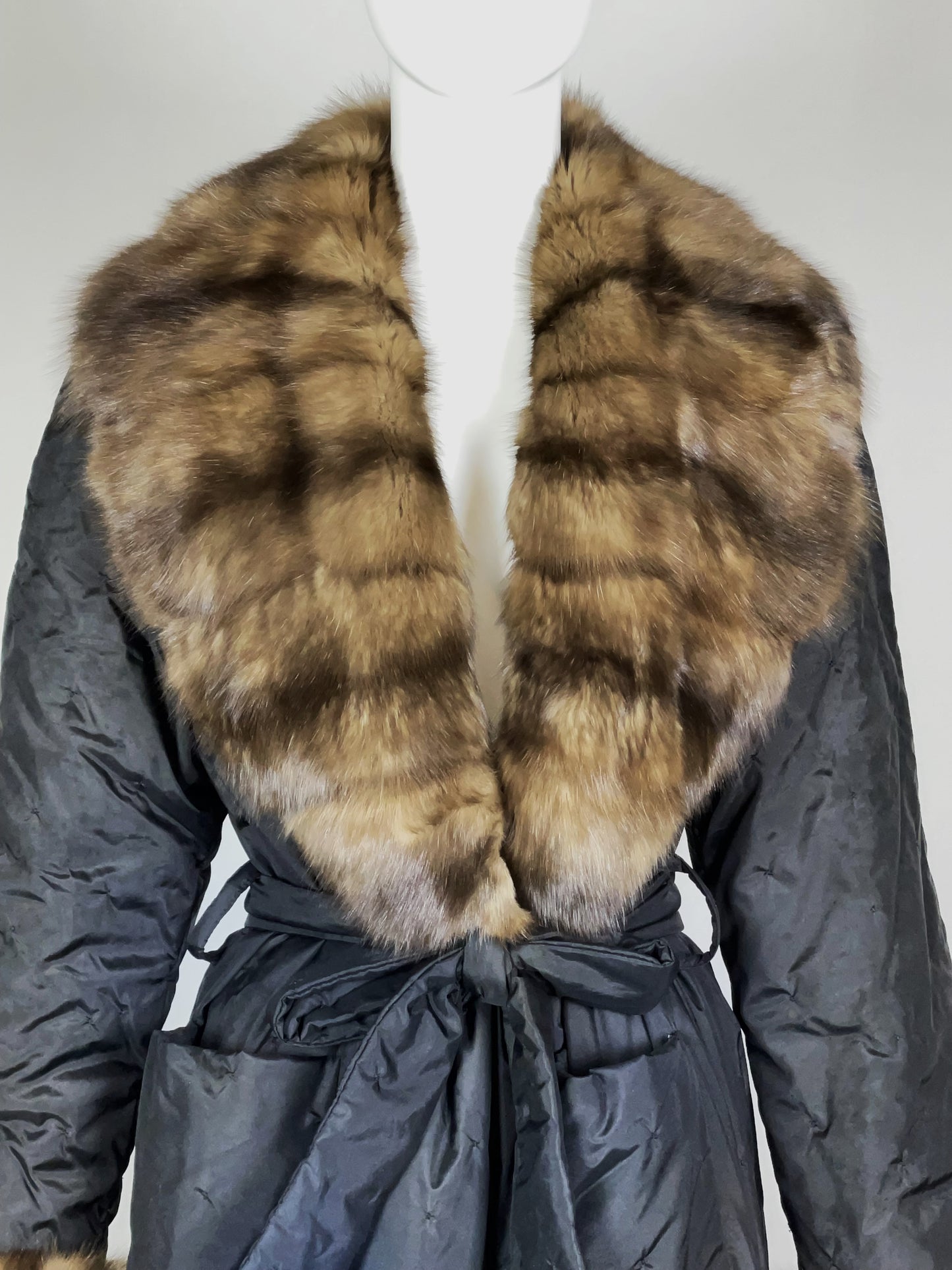 F/W 2000 Gianfranco Ferre Black Silk Quilted Long Puffer Coat w Sable Fur Trim