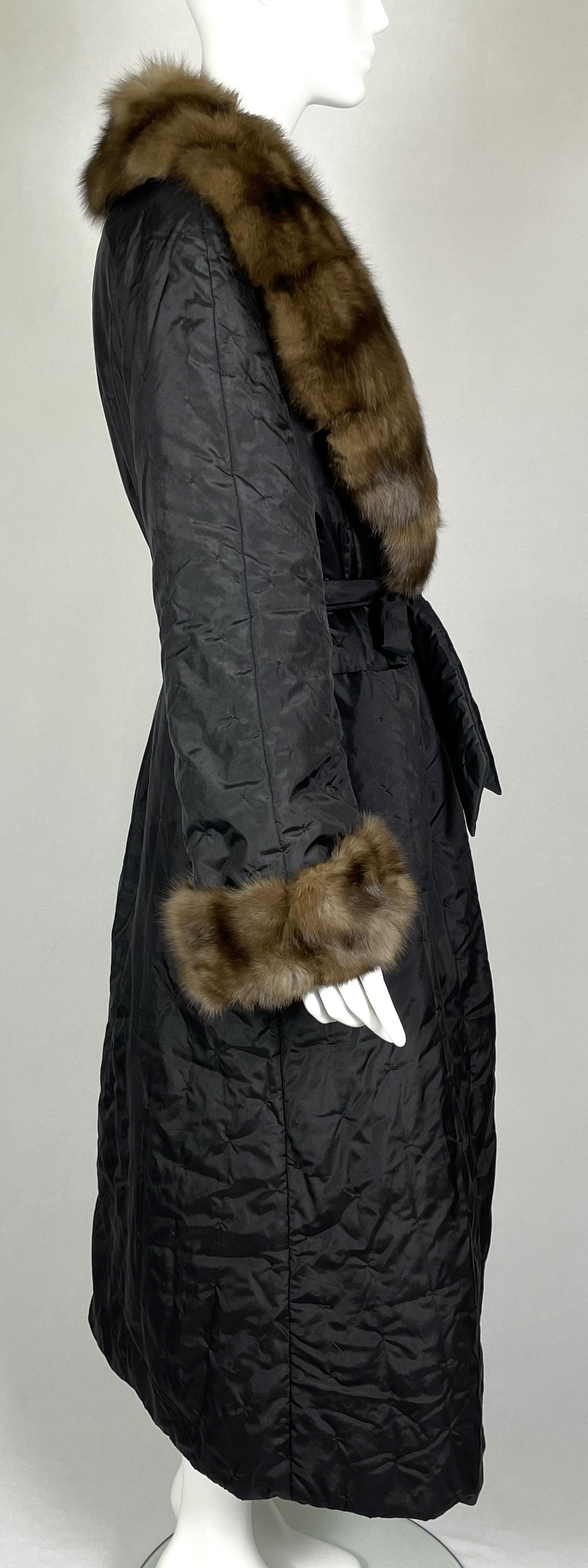 F/W 2000 Gianfranco Ferre Black Silk Quilted Long Puffer Coat w Sable Fur Trim