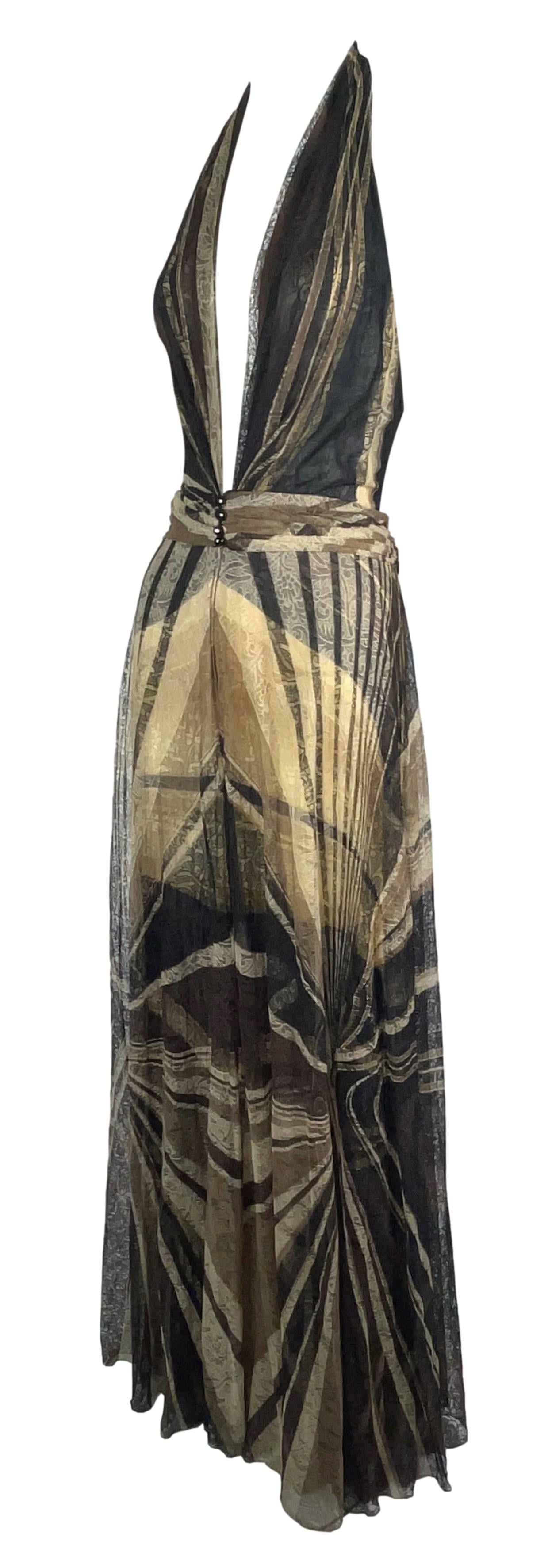 F/W 2000 Gianni Versace Runway Documented Plunging Brown Lace 1970's Style Gown Dress 44