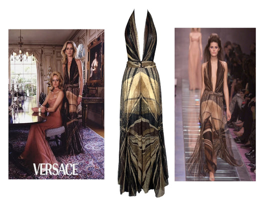 F/W 2000 Gianni Versace Runway Documented Plunging Brown Lace 1970's Style Gown Dress 44