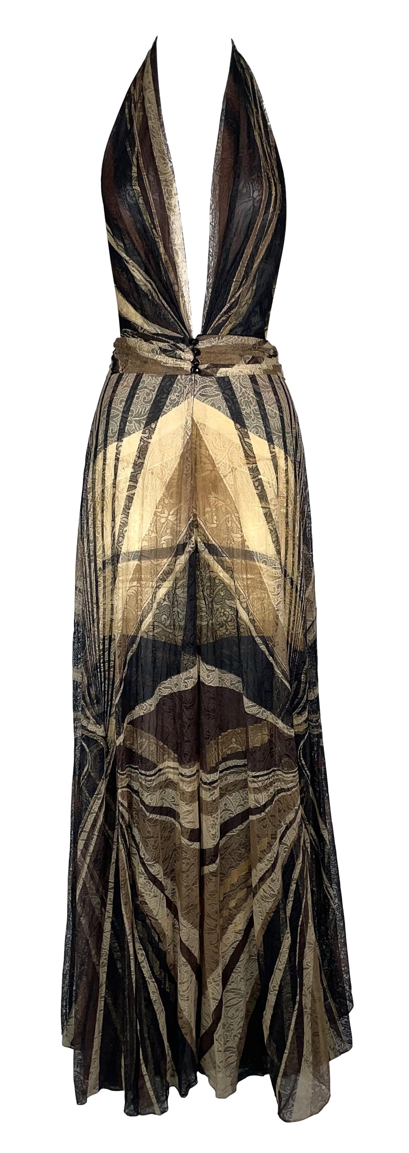 F/W 2000 Gianni Versace Runway Documented Plunging Brown Lace 1970's Style Gown Dress 44