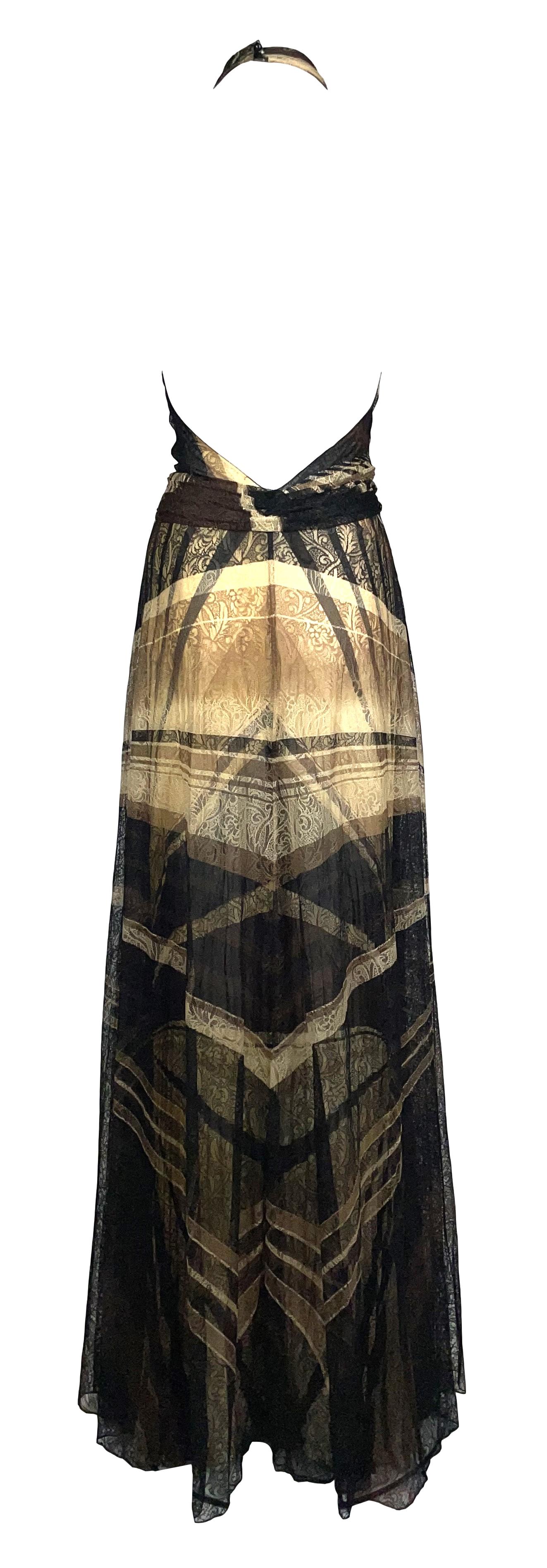F/W 2000 Gianni Versace Runway Documented Plunging Brown Lace 1970's Style Gown Dress 44