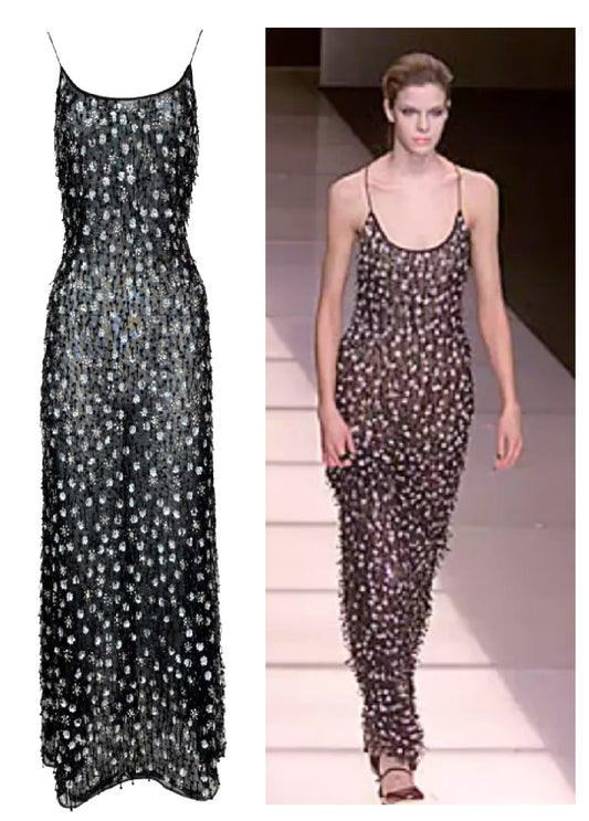 F/W 2000 Giorgio Armani Runway Sheer Black Beaded Embellished Mesh Maxi Dress