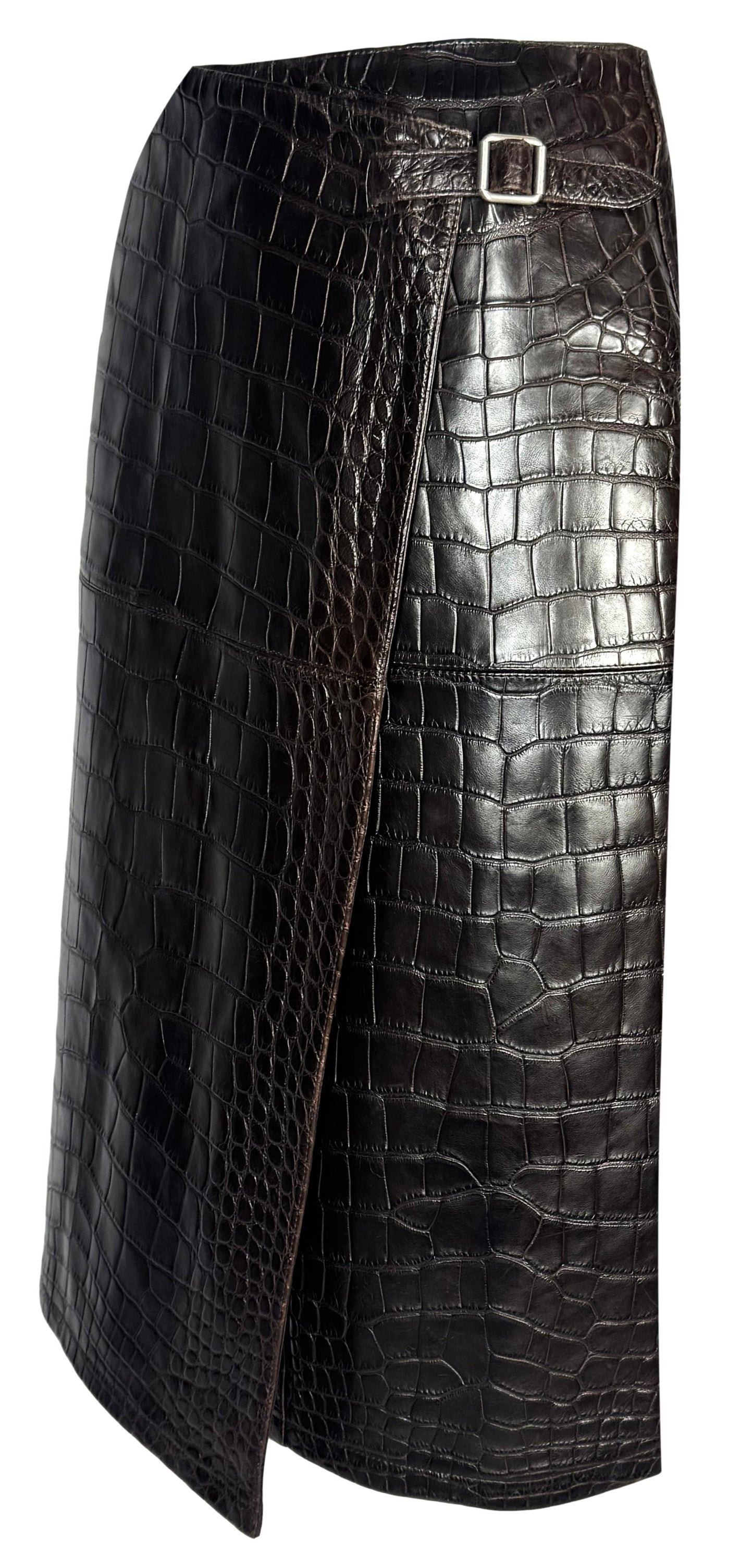 F/W 2000 Hermès x Maison Martin Margiela Runway RARE Dark Brown Crocodile Wrap Equestrian Style Pencil Skirt