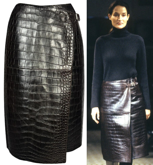 F/W 2000 Hermès x Maison Martin Margiela Runway RARE Dark Brown Crocodile Wrap Equestrian Style Pencil Skirt
