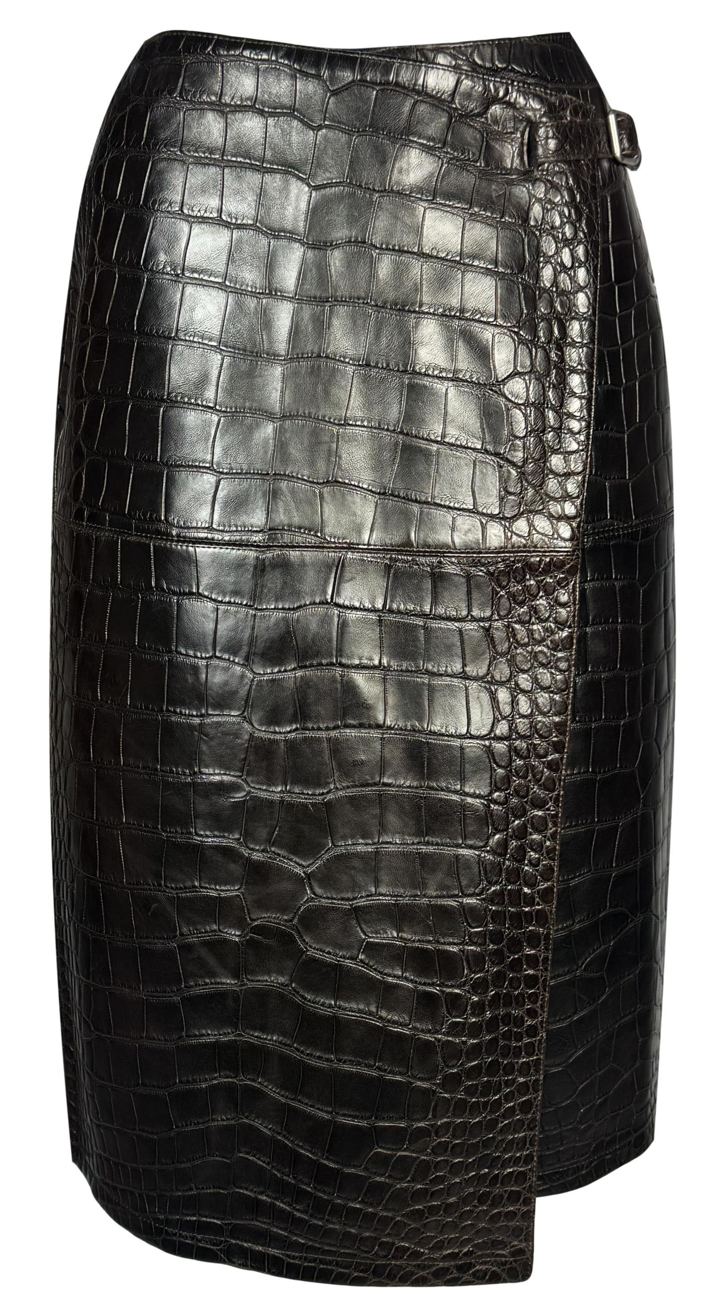 F/W 2000 Hermès x Maison Martin Margiela Runway RARE Dark Brown Crocodile Wrap Equestrian Style Pencil Skirt