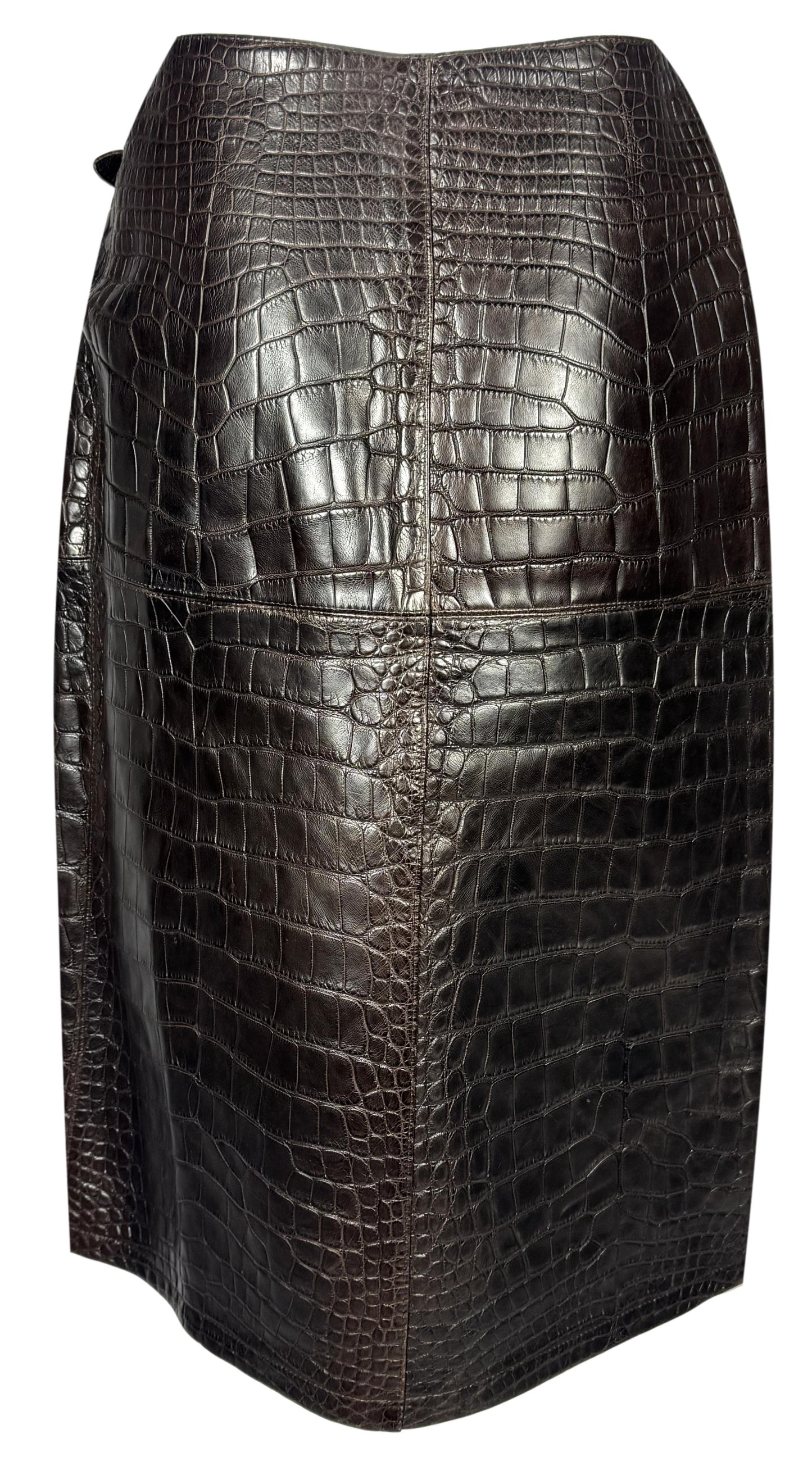 F/W 2000 Hermès x Maison Martin Margiela Runway RARE Dark Brown Crocodile Wrap Equestrian Style Pencil Skirt