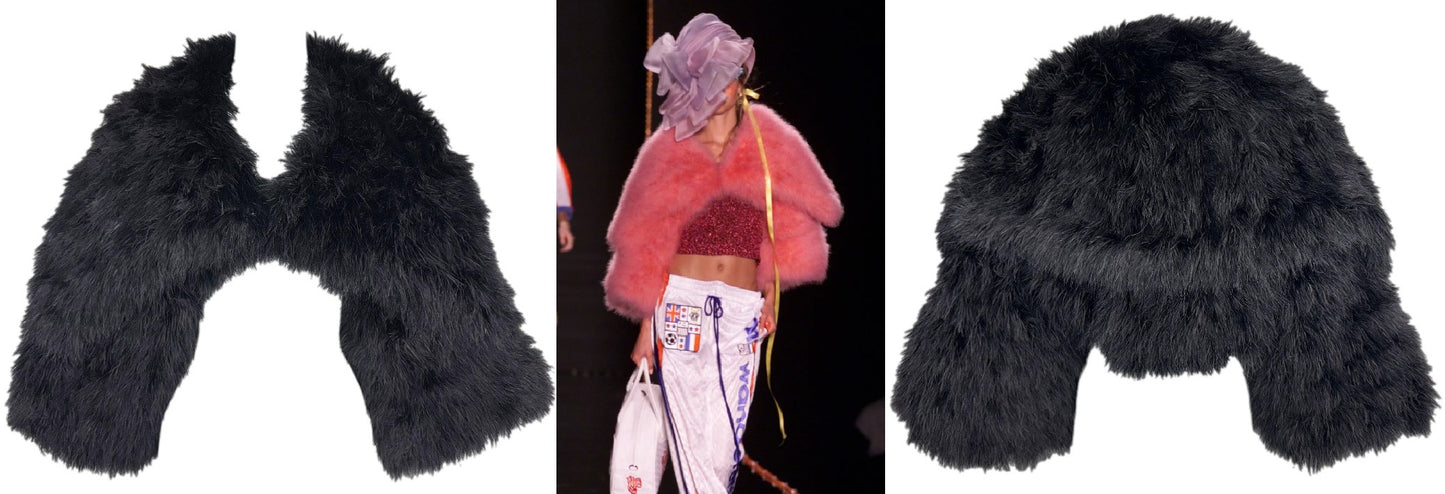 F/W 2000 John Galliano Runway Black Chubby Wide Collar Feather Cropped Jacket Coat