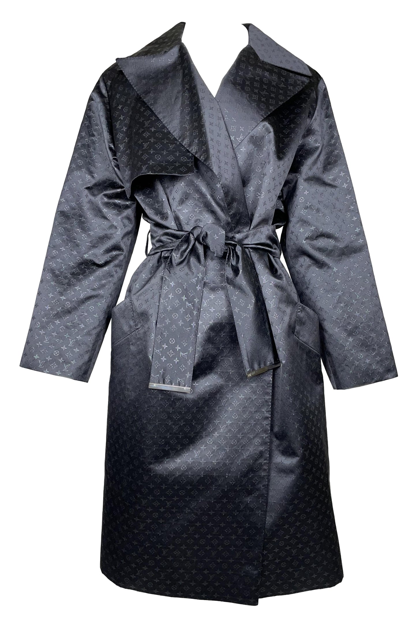 F/W 2000 Louis Vuitton Runway Black Silk Logo Monogram Trench Coat Jacket