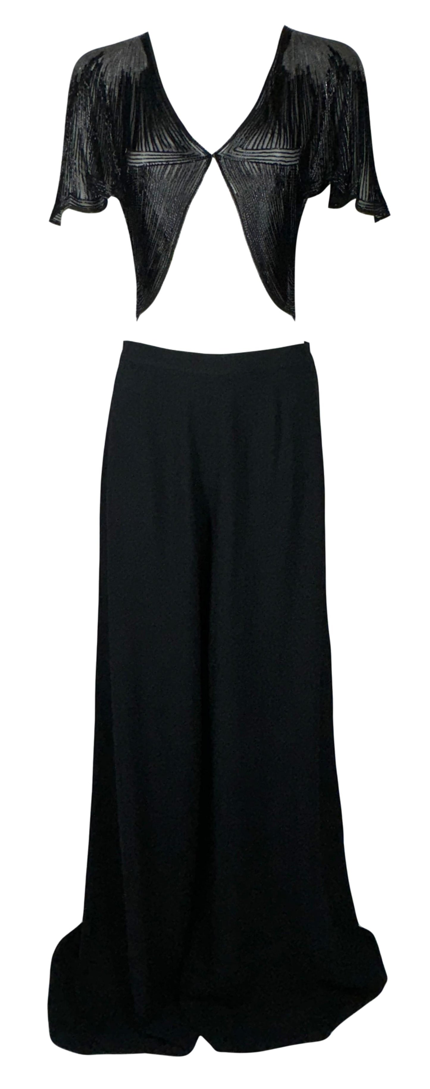 F/W 2000 Ralph Lauren Collection 1940's Old Hollywood Style Sheer Black Beaded Crop Top & Wide Leg Pants Set