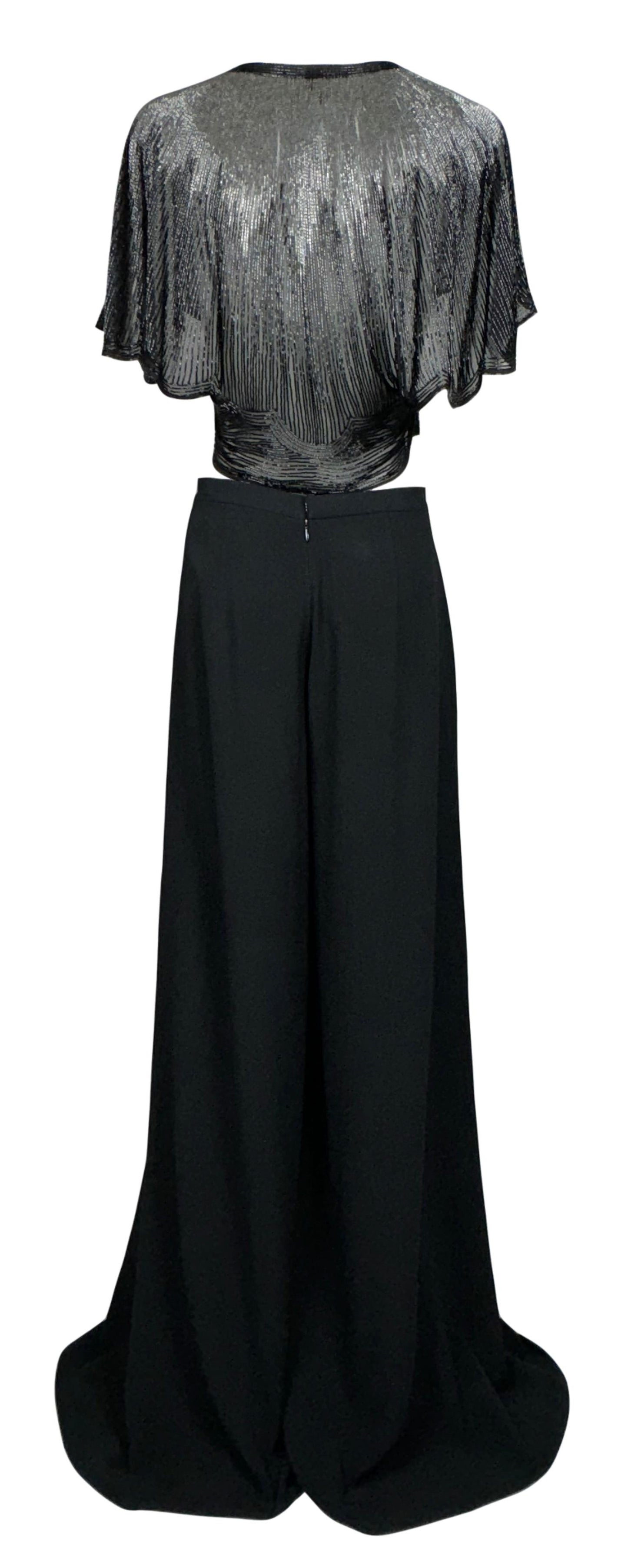 F/W 2000 Ralph Lauren Collection 1940's Old Hollywood Style Sheer Black Beaded Crop Top & Wide Leg Pants Set