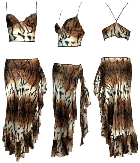 F/W 2000 Roberto Cavalli Silk Tiger Crop Top & High Slit Ruffle Maxi Skirt