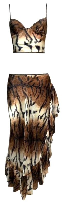 F/W 2000 Roberto Cavalli Silk Tiger Crop Top & High Slit Ruffle Maxi Skirt