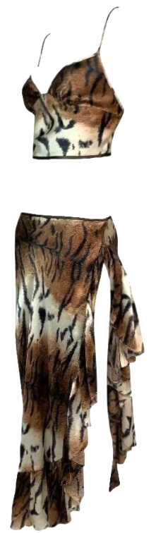 F/W 2000 Roberto Cavalli Silk Tiger Crop Top & High Slit Ruffle Maxi Skirt