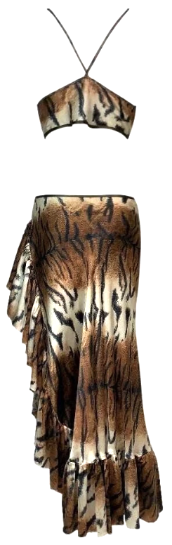 F/W 2000 Roberto Cavalli Silk Tiger Crop Top & High Slit Ruffle Maxi Skirt