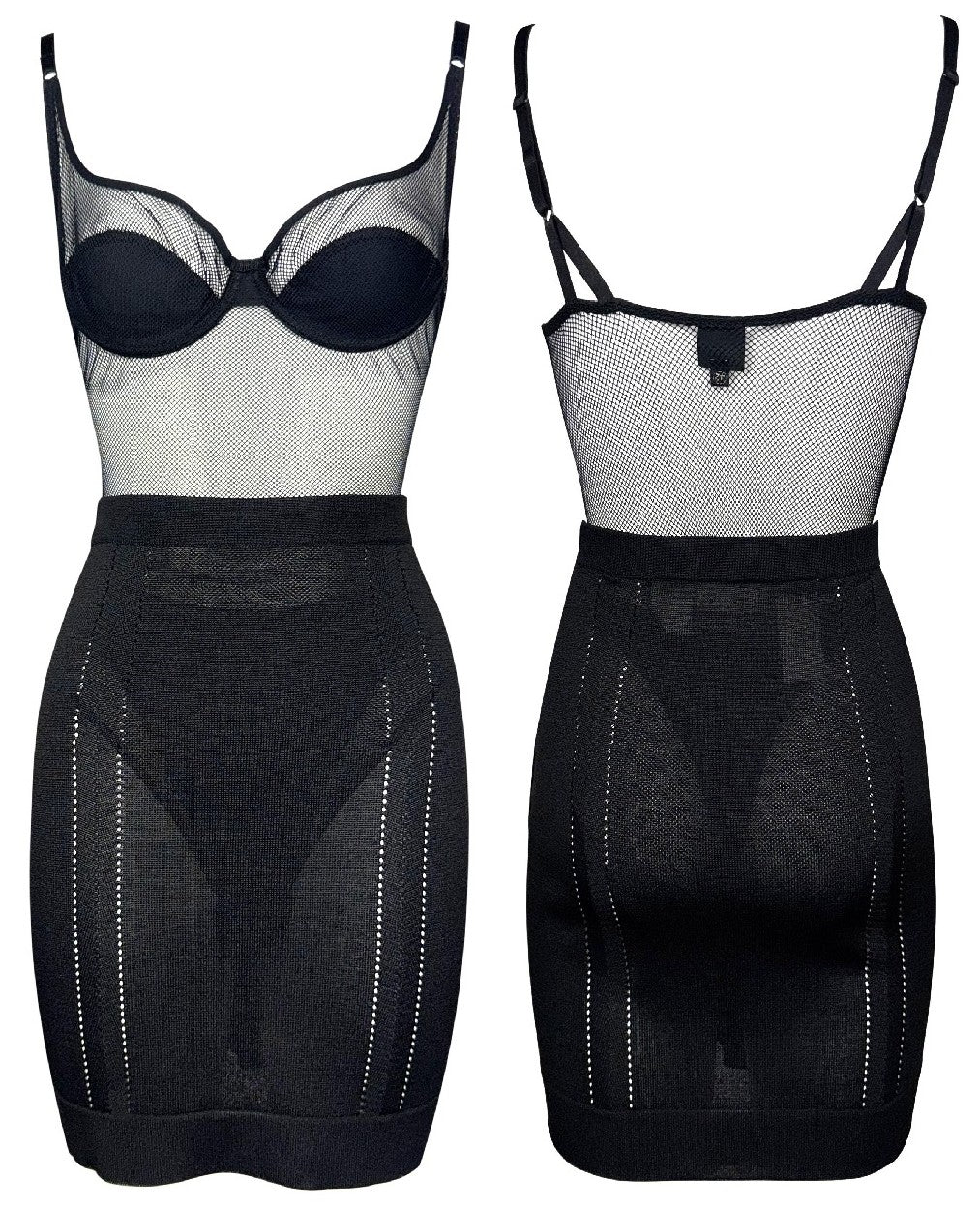 2000's Gianfranco Ferre Sheer Black Fishnet Mesh Bodysuit & Bodycon Mini Skirt Set