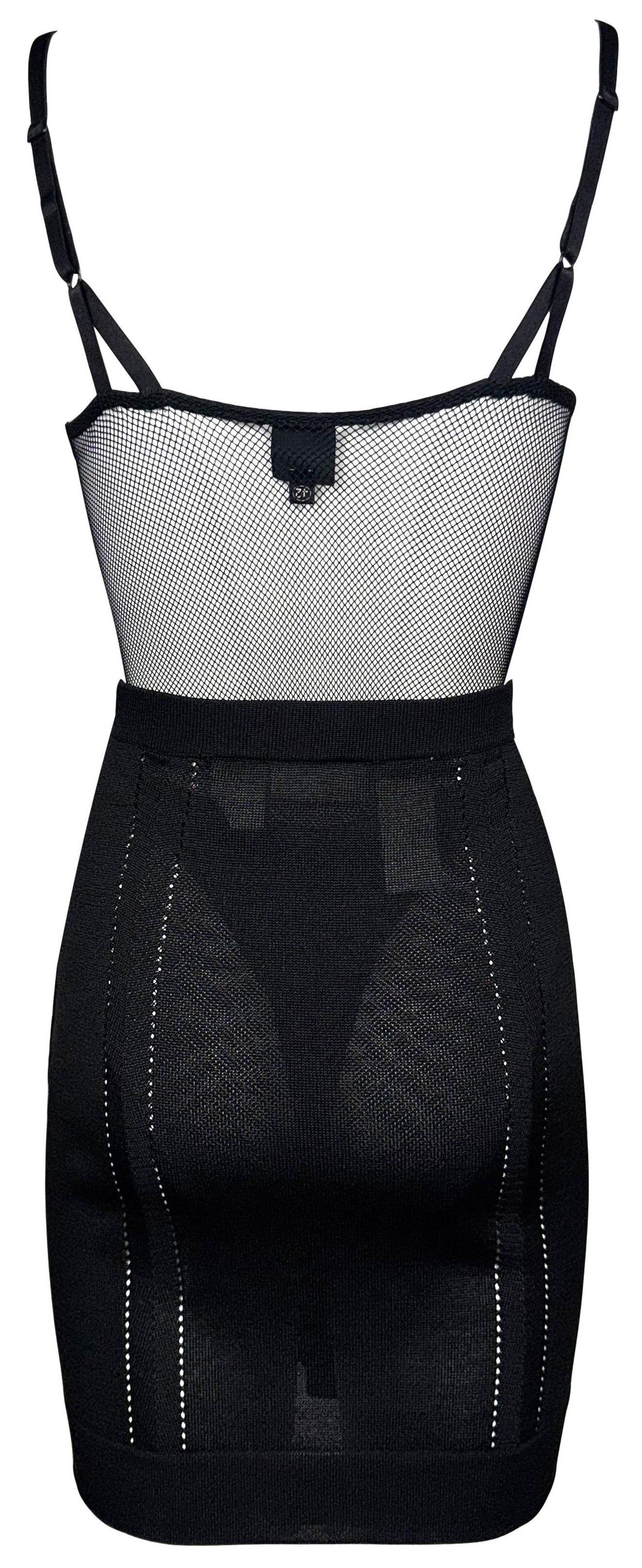2000's Gianfranco Ferre Sheer Black Fishnet Mesh Bodysuit & Bodycon Mini Skirt Set