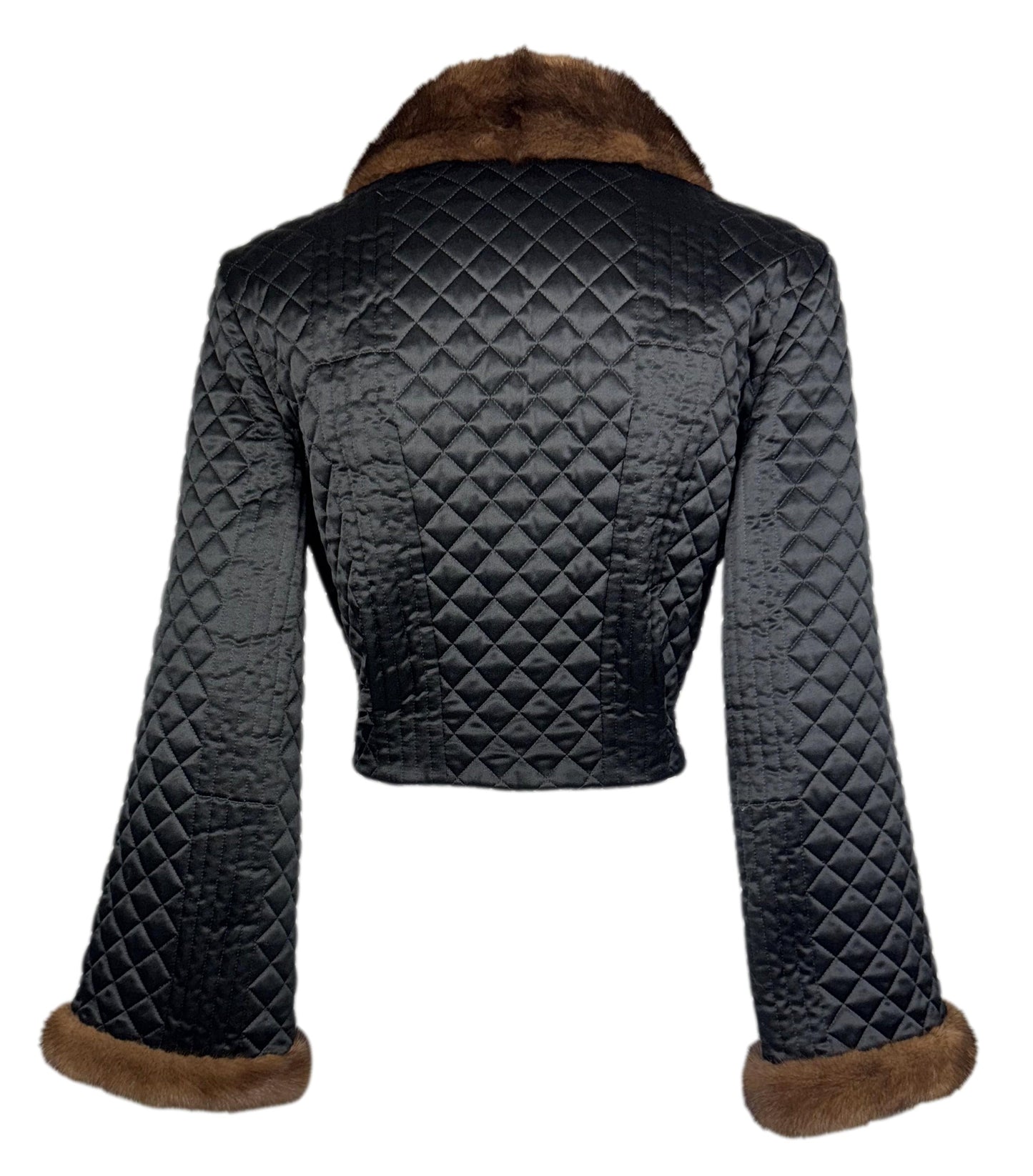 2000's Valentino Black Satin Cropped Puffer Jacket w Mink Fur & Bell Sleeves