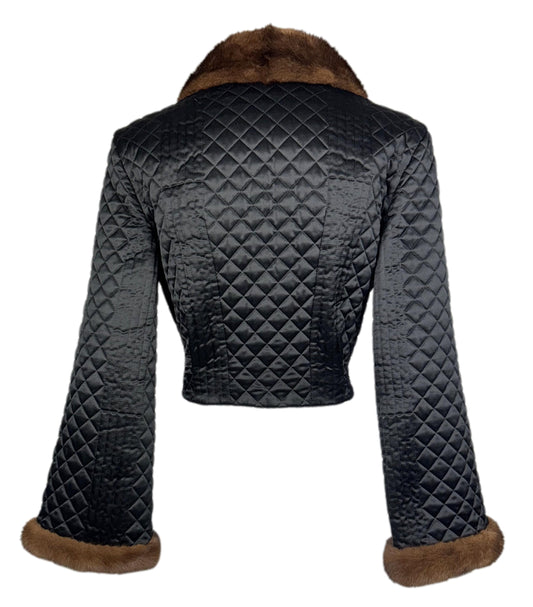 2000's Valentino Black Satin Cropped Puffer Jacket w Mink Fur & Bell Sleeves