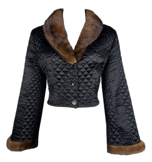 2000's Valentino Black Satin Cropped Puffer Jacket w Mink Fur & Bell Sleeves