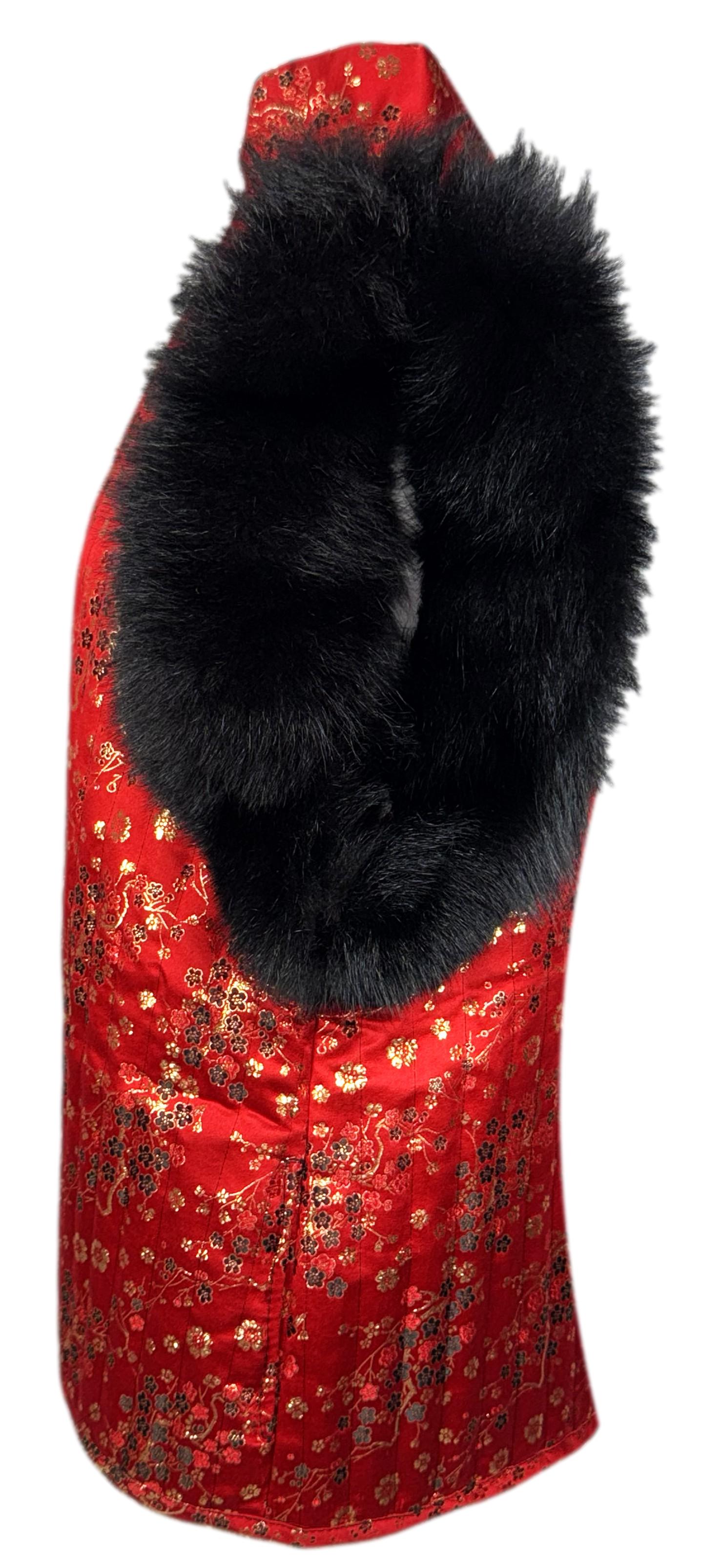 2000's Adrienne Landau Cheongsam Red & Gold Puffer Vest w Faux Fur Trim
