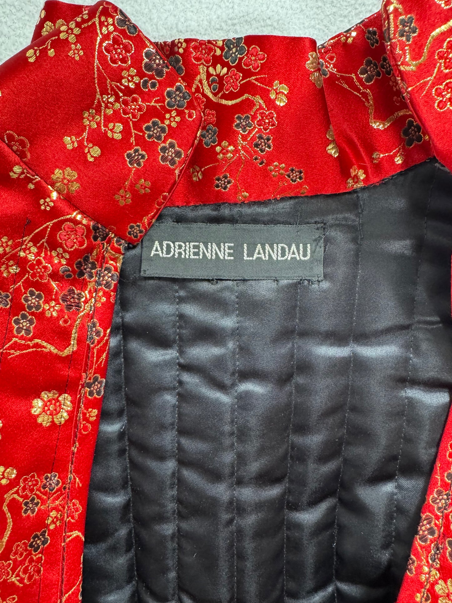2000's Adrienne Landau Cheongsam Red & Gold Puffer Vest w Faux Fur Trim