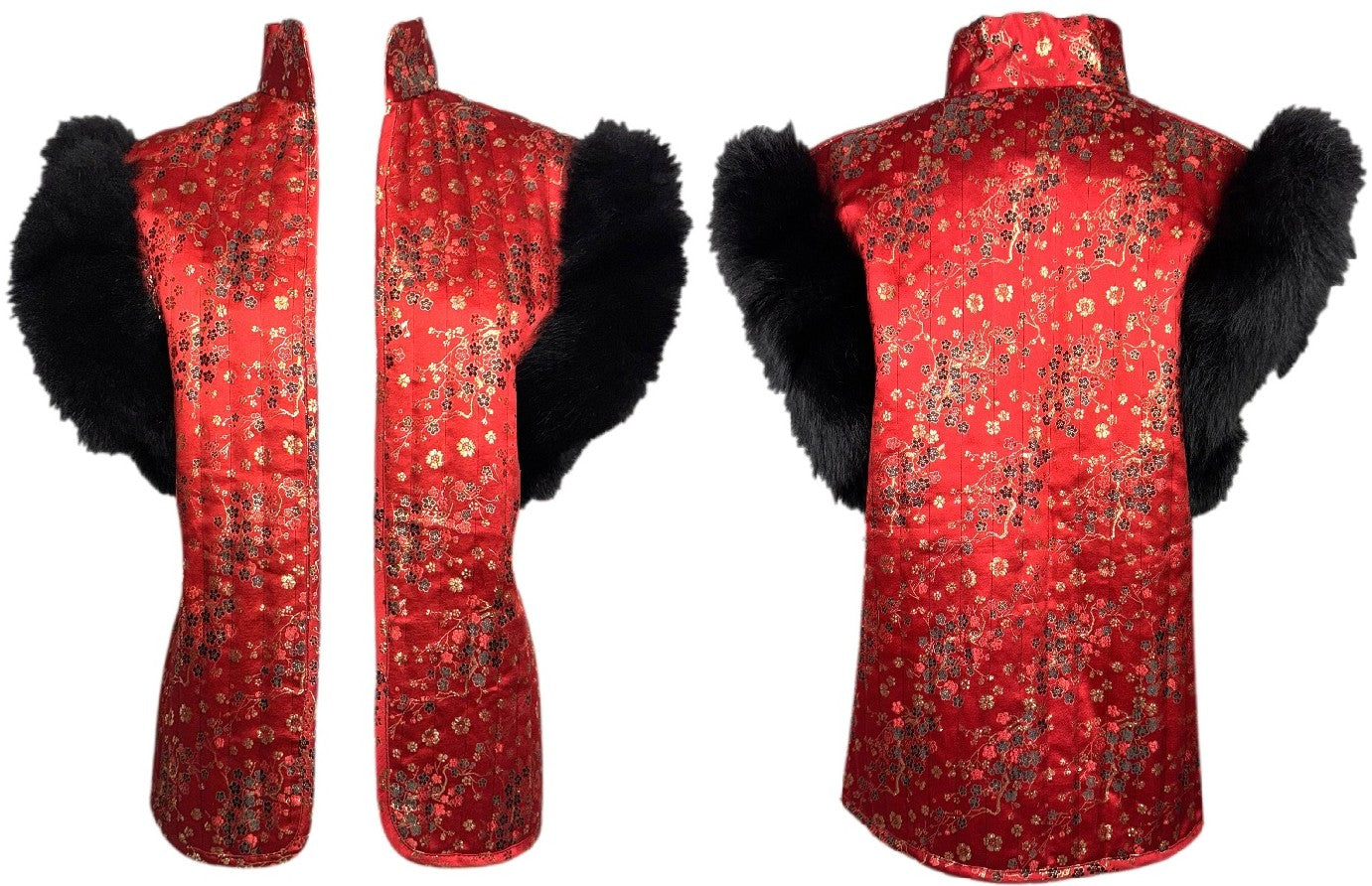 2000's Adrienne Landau Cheongsam Red & Gold Puffer Vest w Faux Fur Trim