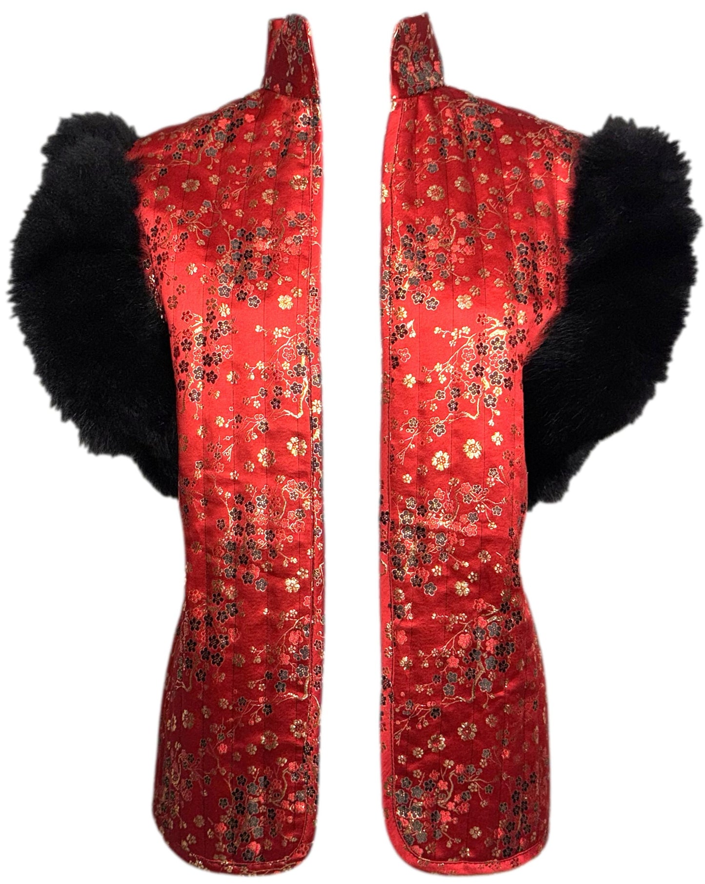 2000's Adrienne Landau Cheongsam Red & Gold Puffer Vest w Faux Fur Trim