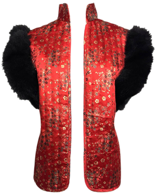 2000's Adrienne Landau Cheongsam Red & Gold Puffer Vest w Faux Fur Trim