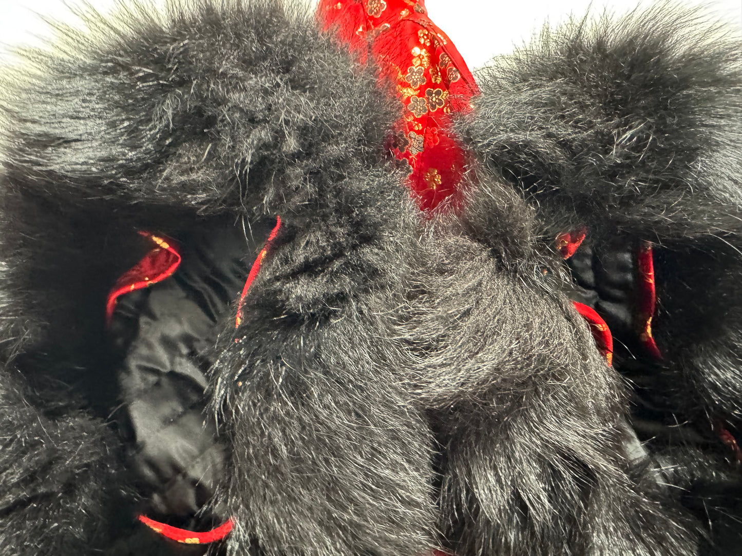 2000's Adrienne Landau Cheongsam Red & Gold Puffer Vest w Faux Fur Trim