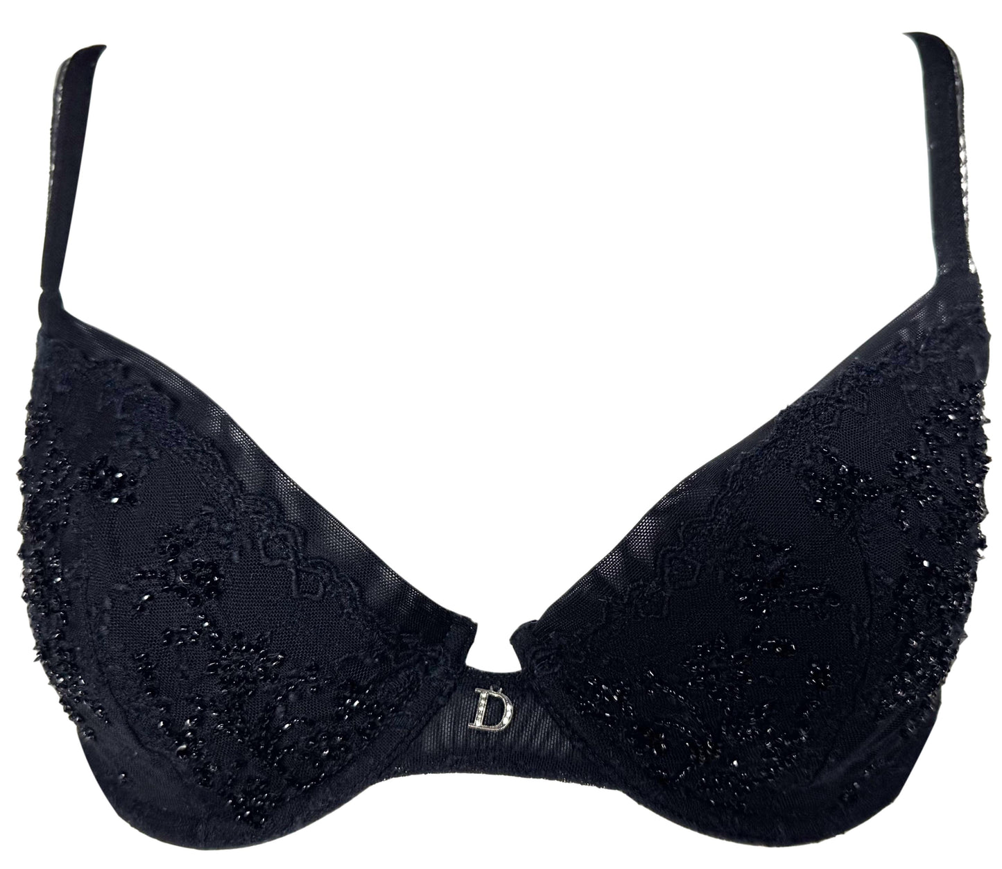 2000's Christian Dior x John Galliano Black Beaded Mesh Bra Lingerie Top 34D