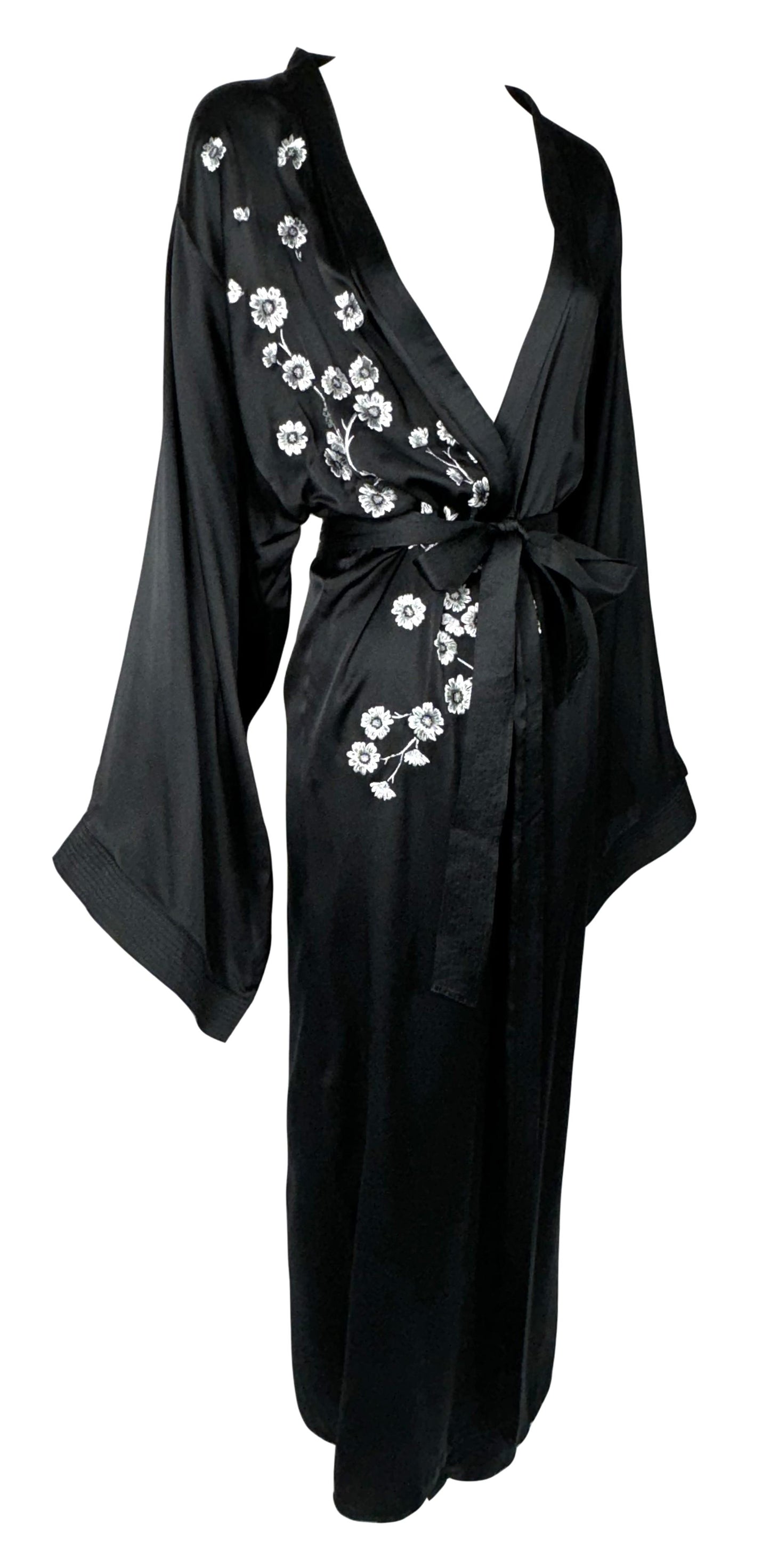 2000's Christian Dior by John Galliano Black Silk White Cherry Blossom Kimono Robe