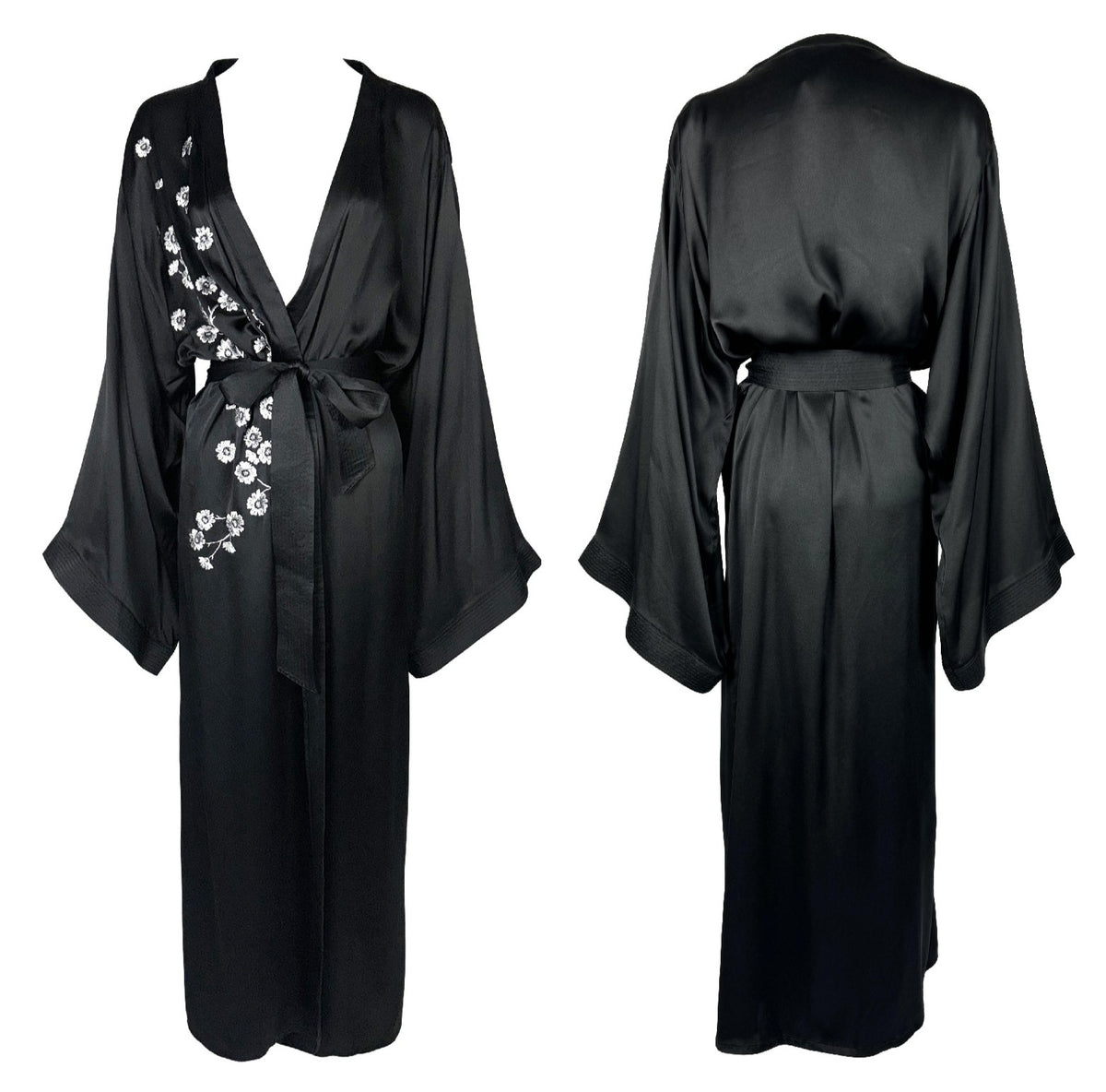 2000's Christian Dior x John Galliano 1940's Hollywood Vixen Pin-Up Black Silk White Cherry Blossom Kimono Robe