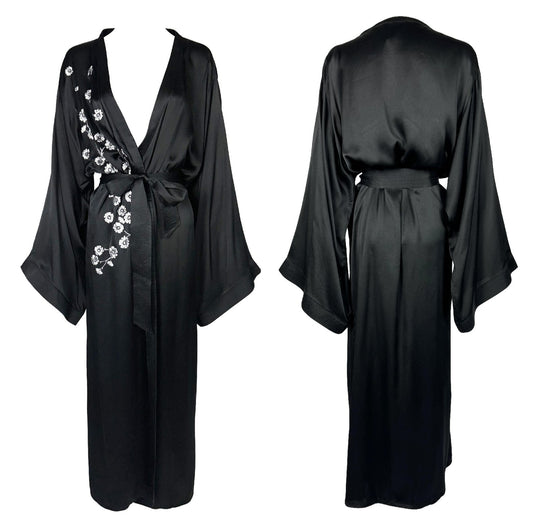 2000's Christian Dior x John Galliano 1940's Hollywood Vixen Pin-Up Black Silk White Cherry Blossom Kimono Robe