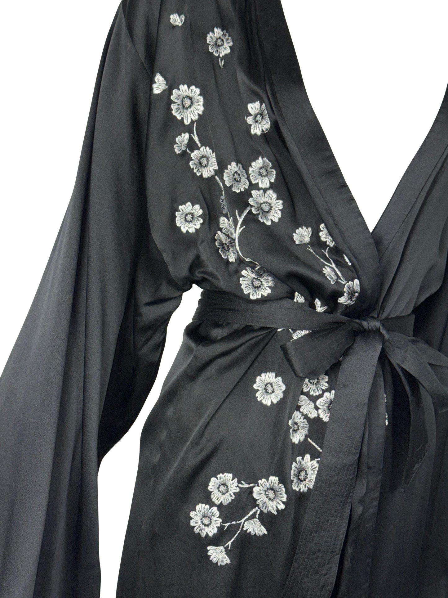 2000's Christian Dior by John Galliano Black Silk White Cherry Blossom Kimono Robe