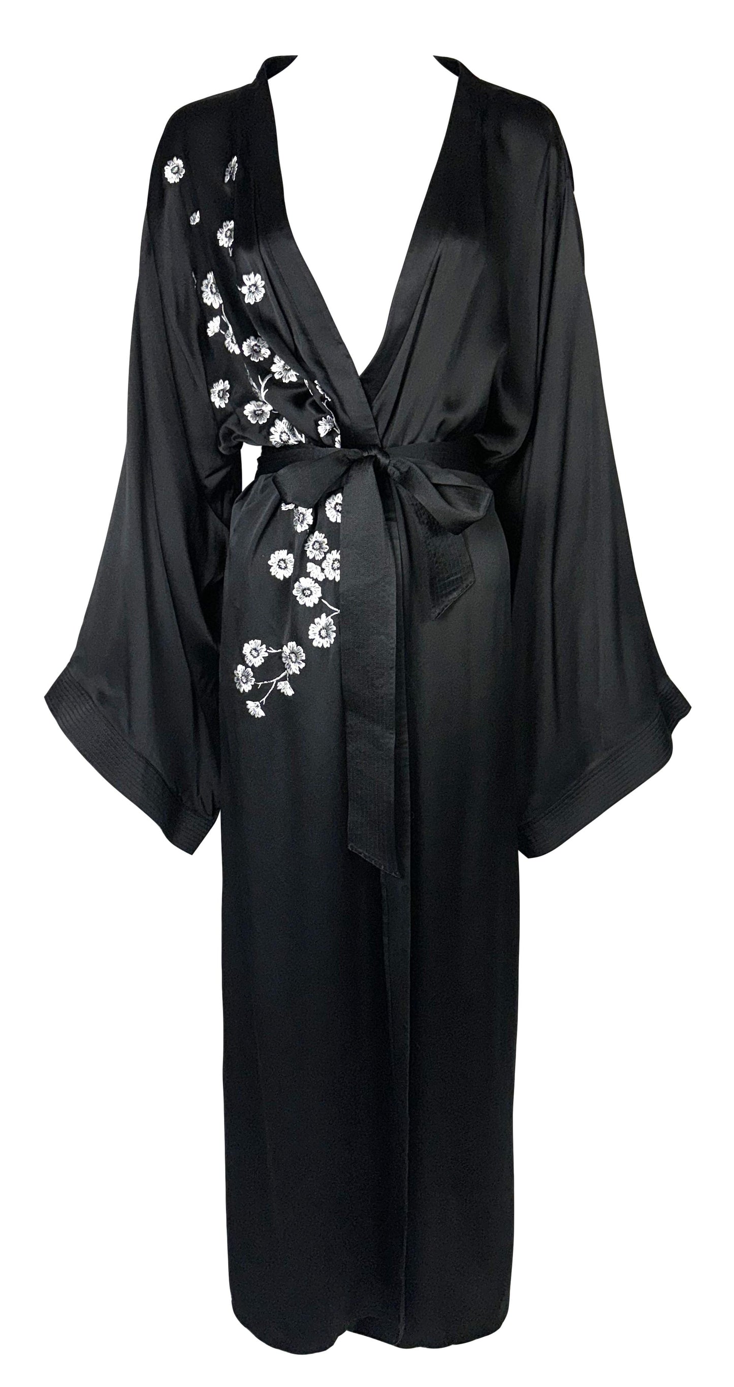 2000's Christian Dior by John Galliano Black Silk White Cherry Blossom Kimono Robe