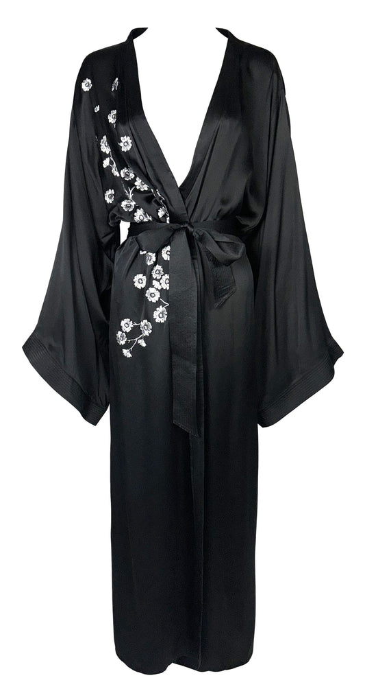 2000's Christian Dior x John Galliano 1940's Hollywood Vixen Pin-Up Black Silk White Cherry Blossom Kimono Robe