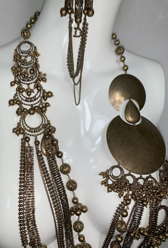 2000's Christian Dior by John Galliano Bronze Gypsy Boho Chic Large Necklace & Earrings Set