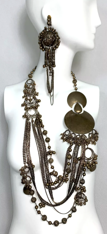 2000's Christian Dior by John Galliano Bronze Gypsy Boho Chic Large Necklace & Earrings Set