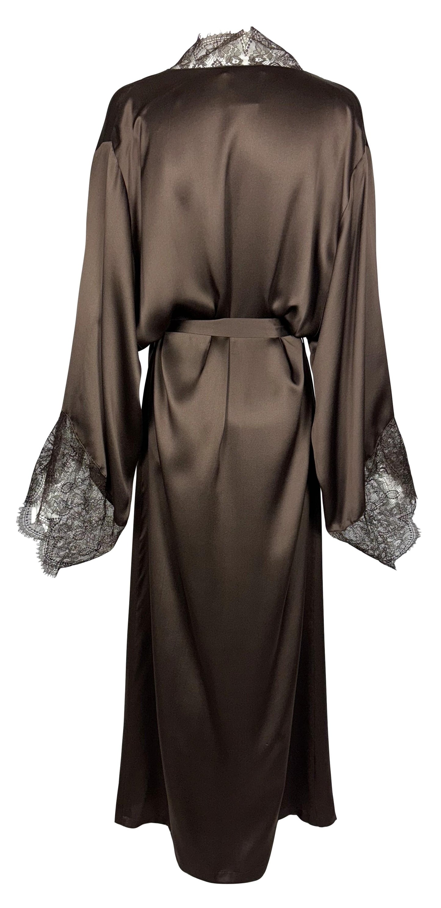 2000's Christian Dior by John Galliano Brown Silk Satin w Lace Kimono Robe