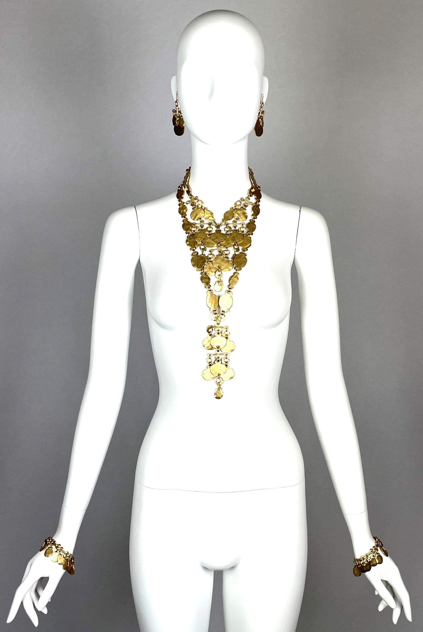 C. 2007 Christian Dior by John Galliano Egyptian Hammered Gold Large Necklace Set Bracelet Earrings & Anklet Set
