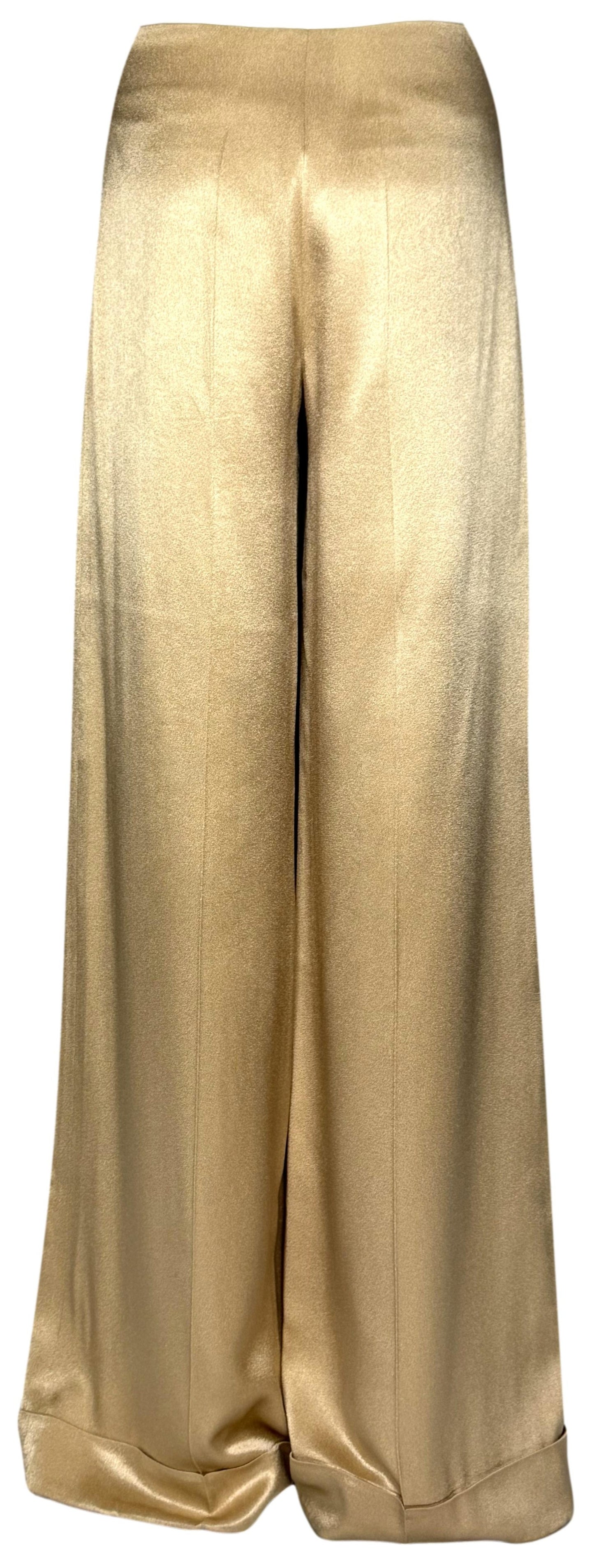 2000's Christian Dior by John Galliano Haute Couture Gold Satin 1940's Old Hollywood Wide Leg Long Pants