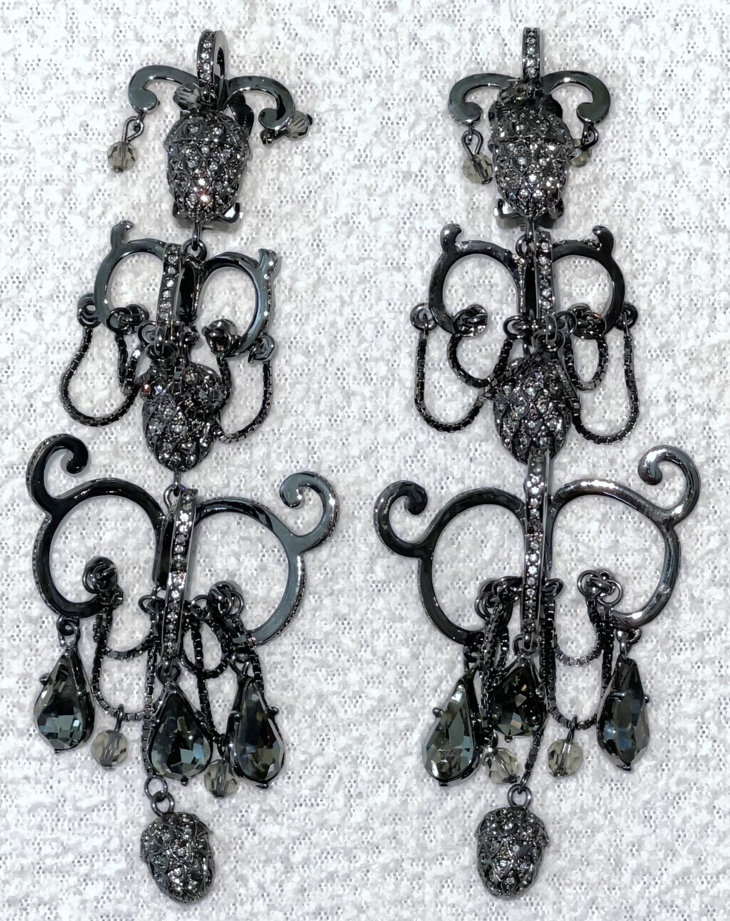 2000's Christian Dior by John Galliano Huge Pewter Crystal Chandelier Earrings & Necklace Set