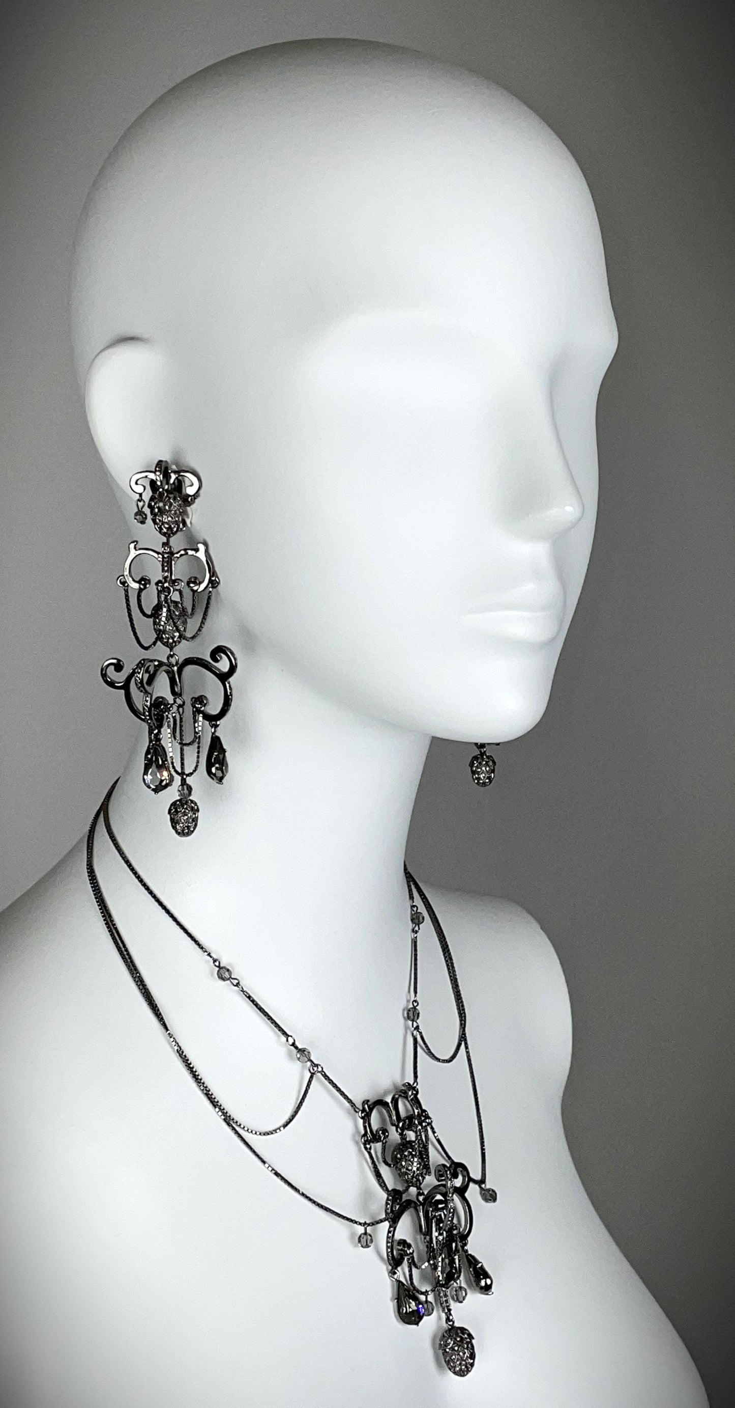 2000's Christian Dior by John Galliano Huge Pewter Crystal Chandelier Earrings & Necklace Set