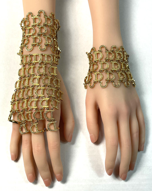 2000's Christian Dior x John Galliano RARE Gold Crystal Logo Cuff Bracelet Rings 2 Chokers & Earrings Set