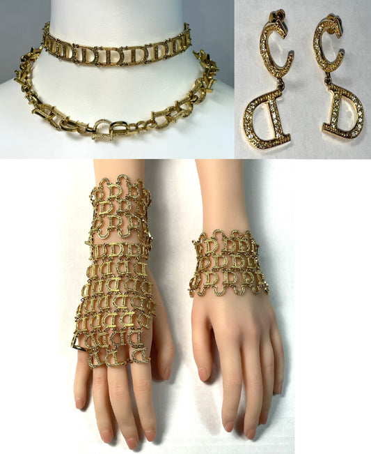 2000's Christian Dior x John Galliano RARE Gold Crystal Logo Cuff Bracelet Rings 2 Chokers & Earrings Set
