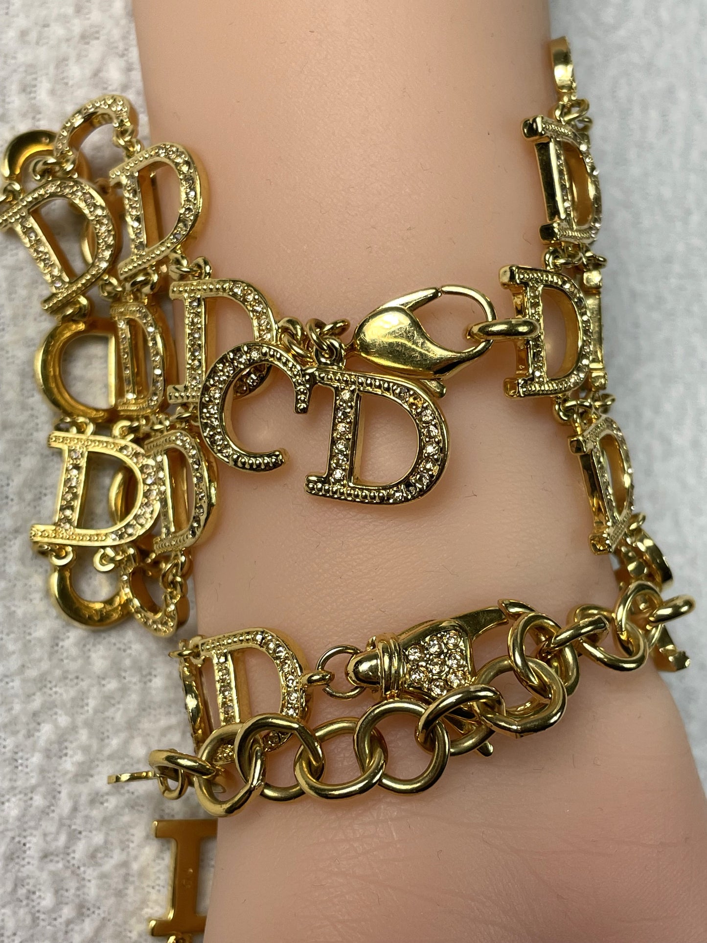 2000's Christian Dior by John Galliano Gold Crystal Logo Cuff Bracelet Rings 2 Chokers & Earrings Set