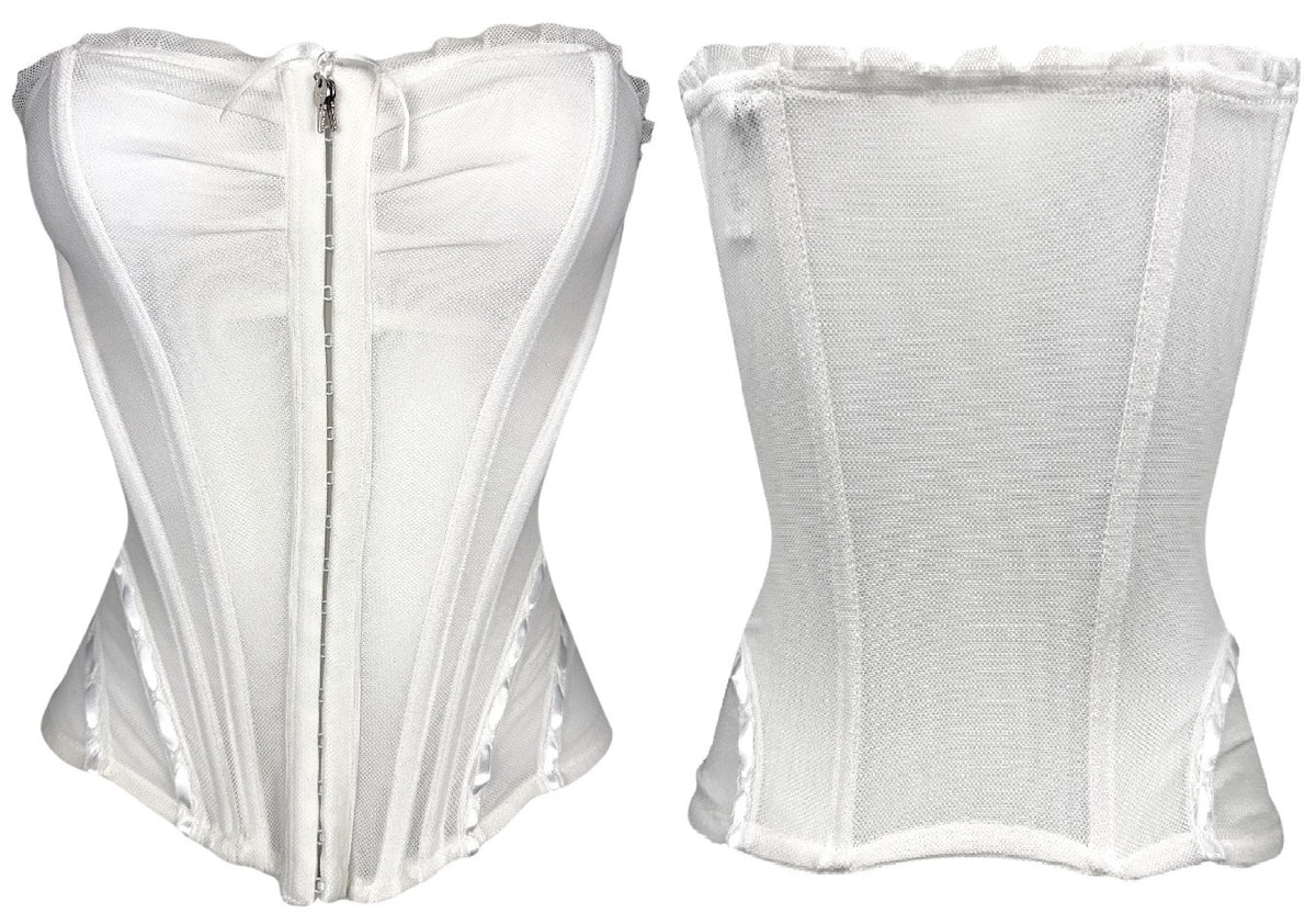 2000's Christian Dior x John Galliano Sheer White Mesh Lolita Ruffle Pin-Up Strapless Bustier Top