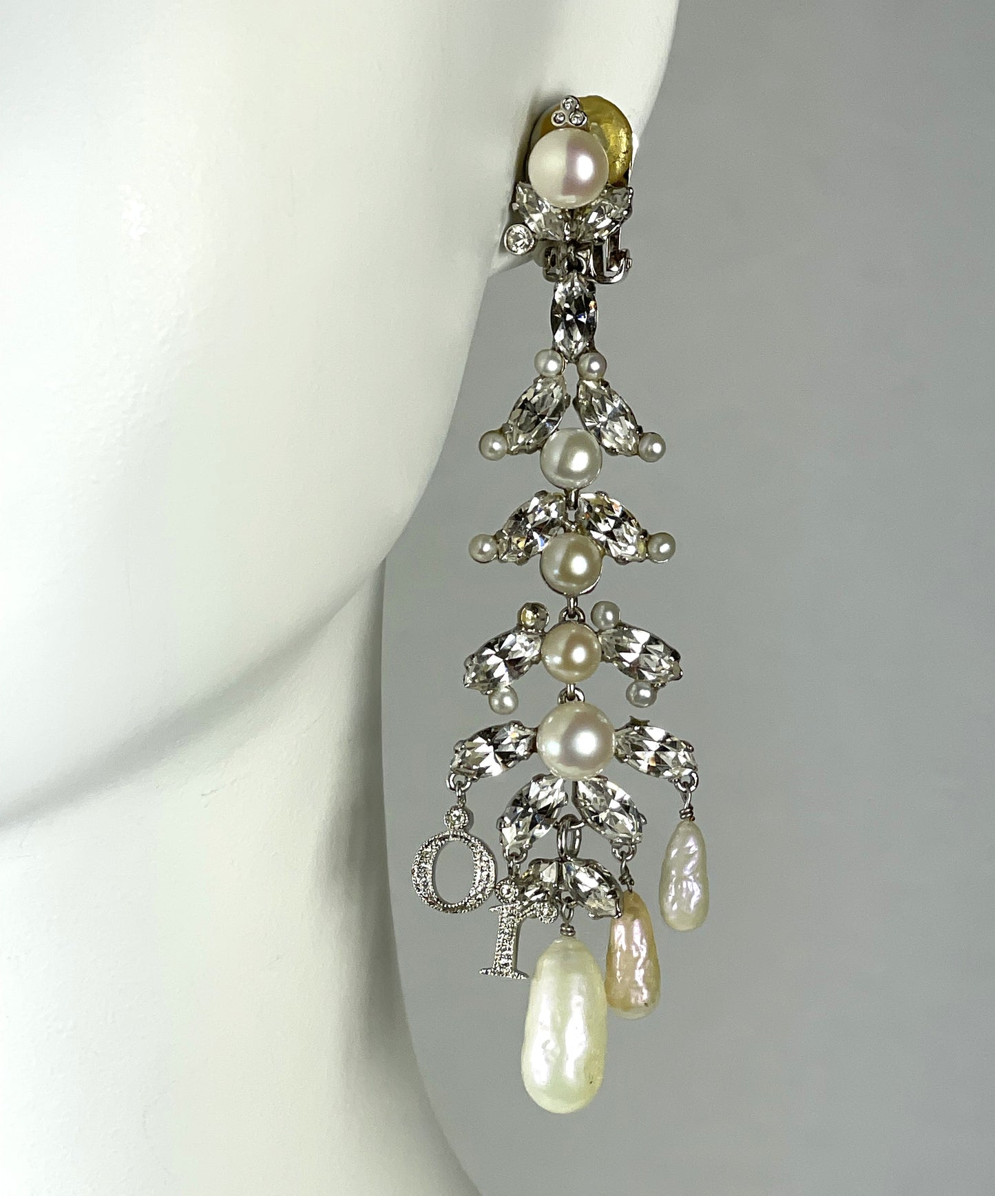 2000's Christian Dior by John Galliano Extra Long Crystal Logo Pearl Chandelier Earrings
